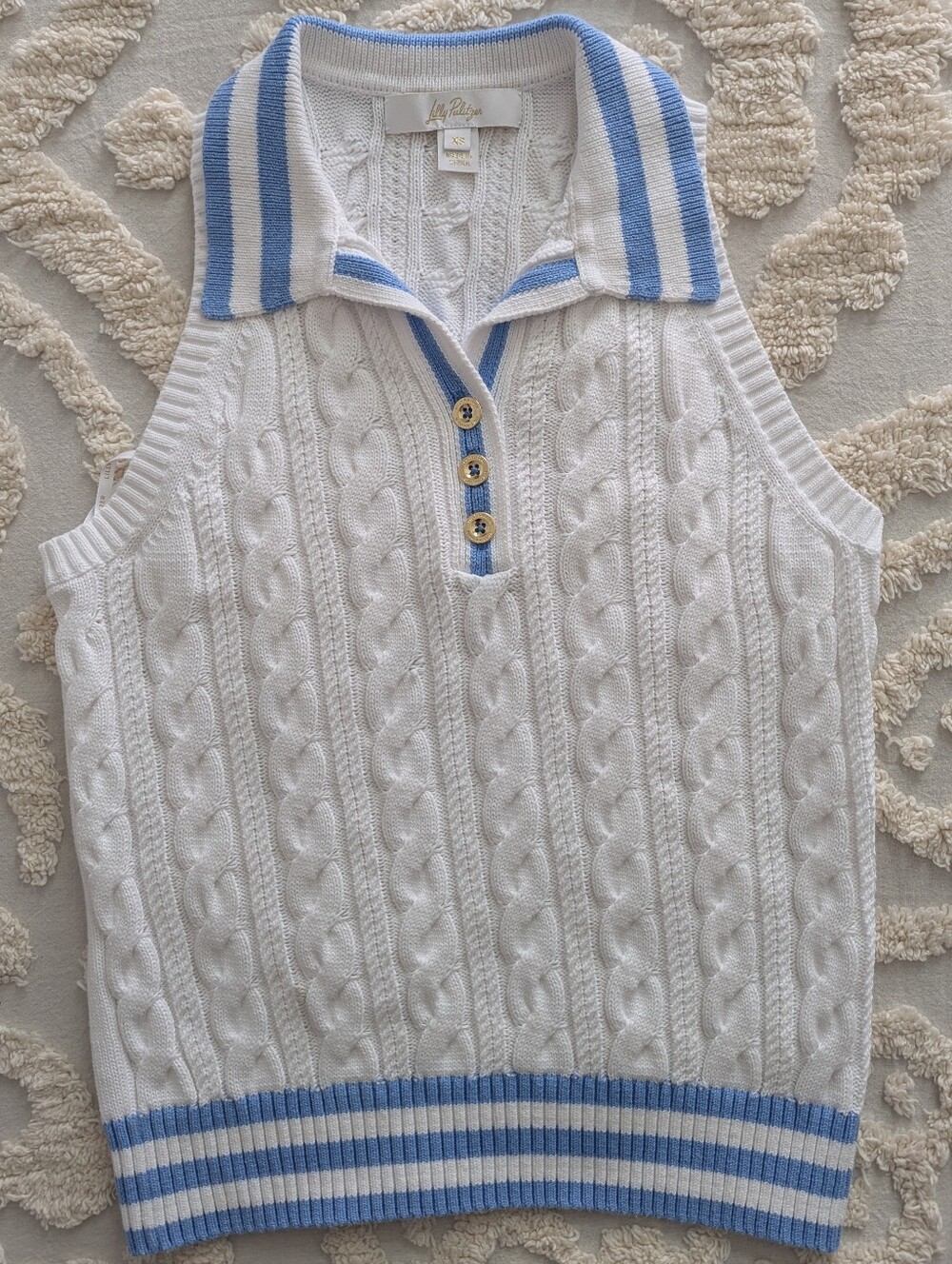 Lilly Pulitzer Suzette Sweater Tank Sleeveless Golf Polo Cableknit White Blue XS - Picture 3 of 10